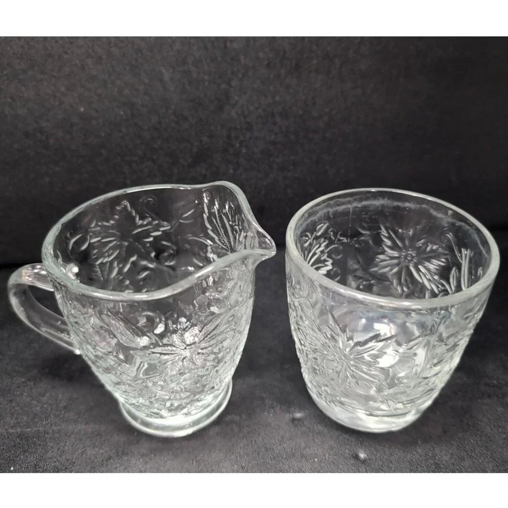 Princess House Fantasia Open Sugar Bowl‎ & Creamer Set #5242, Etched Poinsettias